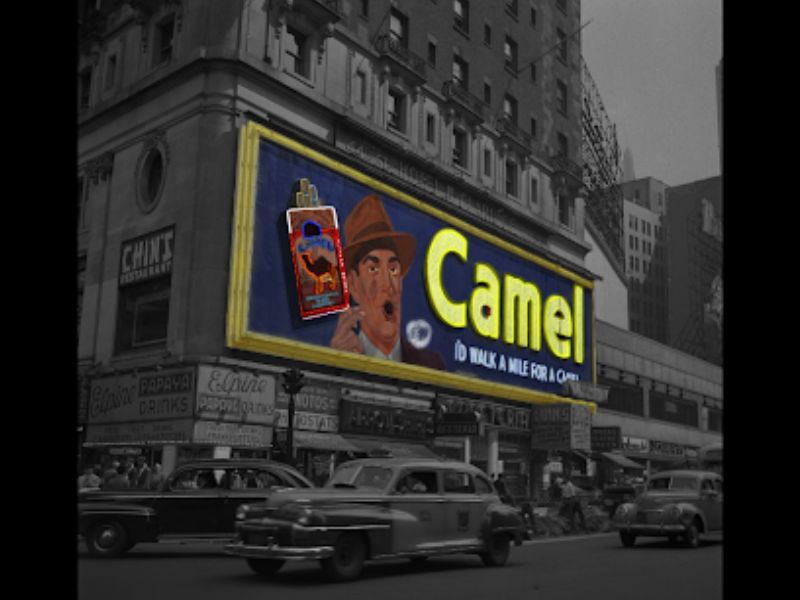 A bustling city street corner with a large neon sign advertising cigarettes